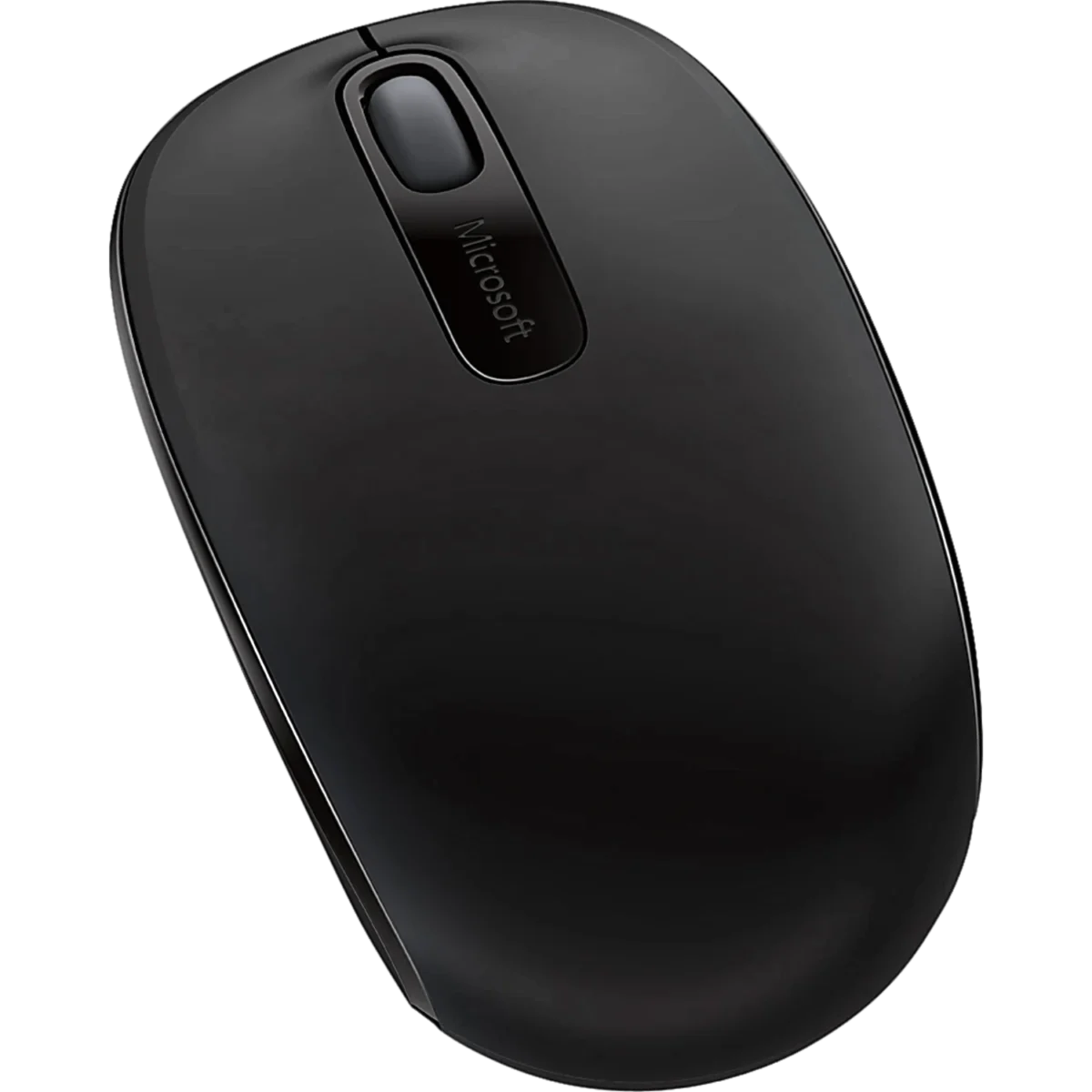 Close-up, top view of a black wireless Microsoft mouse showing the scroll wheel and glossy center panel with the Microsoft logo.