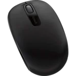 MICROSOFT-1850-WIRELESS-MOUSE-BLACK-005-885370726947 - Video Game Depot Close-up, top view of a black wireless Microsoft mouse showing the scroll wheel and glossy center panel with the Microsoft logo.