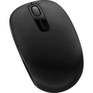 Close-up, top view of a black wireless Microsoft mouse showing the scroll wheel and glossy center panel with the Microsoft logo.