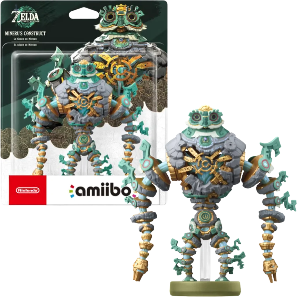 Zelda amiibo figure: Miner’s Construct in teal and gold armor beside its packaging.