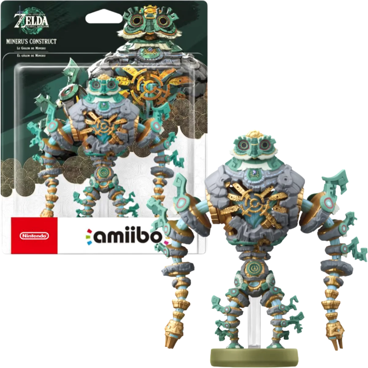 Zelda amiibo figure: Miner’s Construct in teal and gold armor beside its packaging.