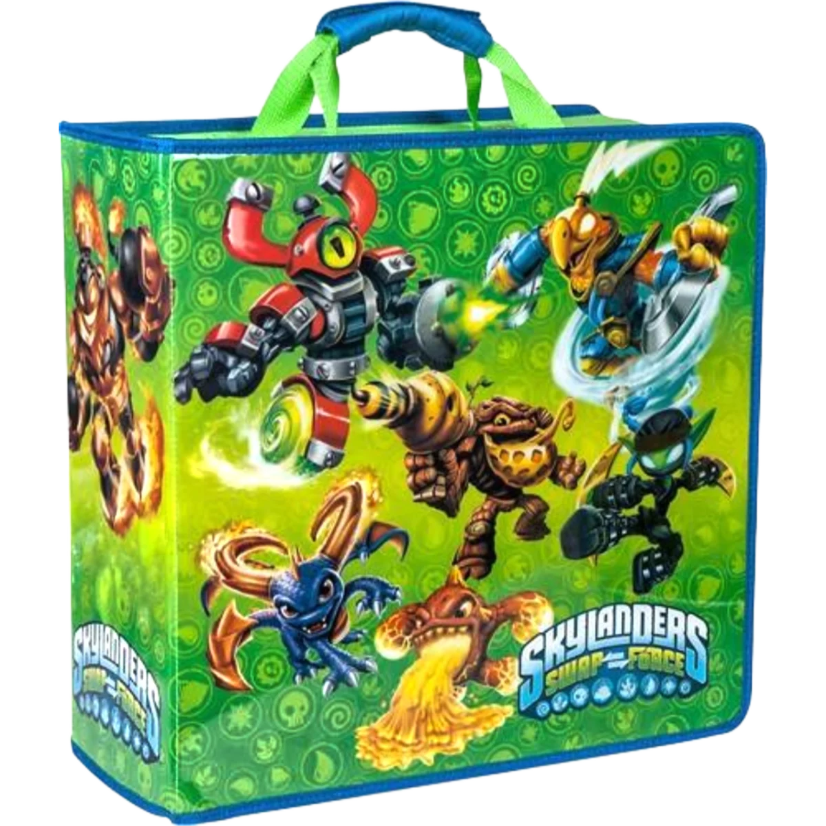 Bright green lunch bag with Skylanders Swap Force characters in action on a neon-patterned background.