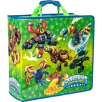 Bright green lunch bag with Skylanders Swap Force characters in action on a neon-patterned background.