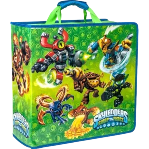 Bright green lunch bag with Skylanders Swap Force characters in action on a neon-patterned background.
