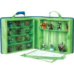 Green travel case opened to reveal shelves of small action figures on both sides, showcasing organized toy display.