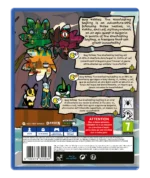 Back cover of a cartoon game showing colorful characters on a cliff, with three speech-bubble text panels and a PEGI 7 rating.