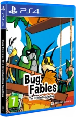 PS4 game cover for Bug Fables: The Everlasting Sapling, featuring colorful insect characters on a wooden swing setting.