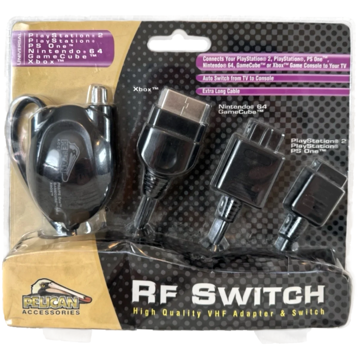 RF switch kit for game consoles in blister pack, with cables and adapters