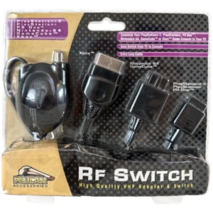 RF switch kit for game consoles in blister pack, with cables and adapters