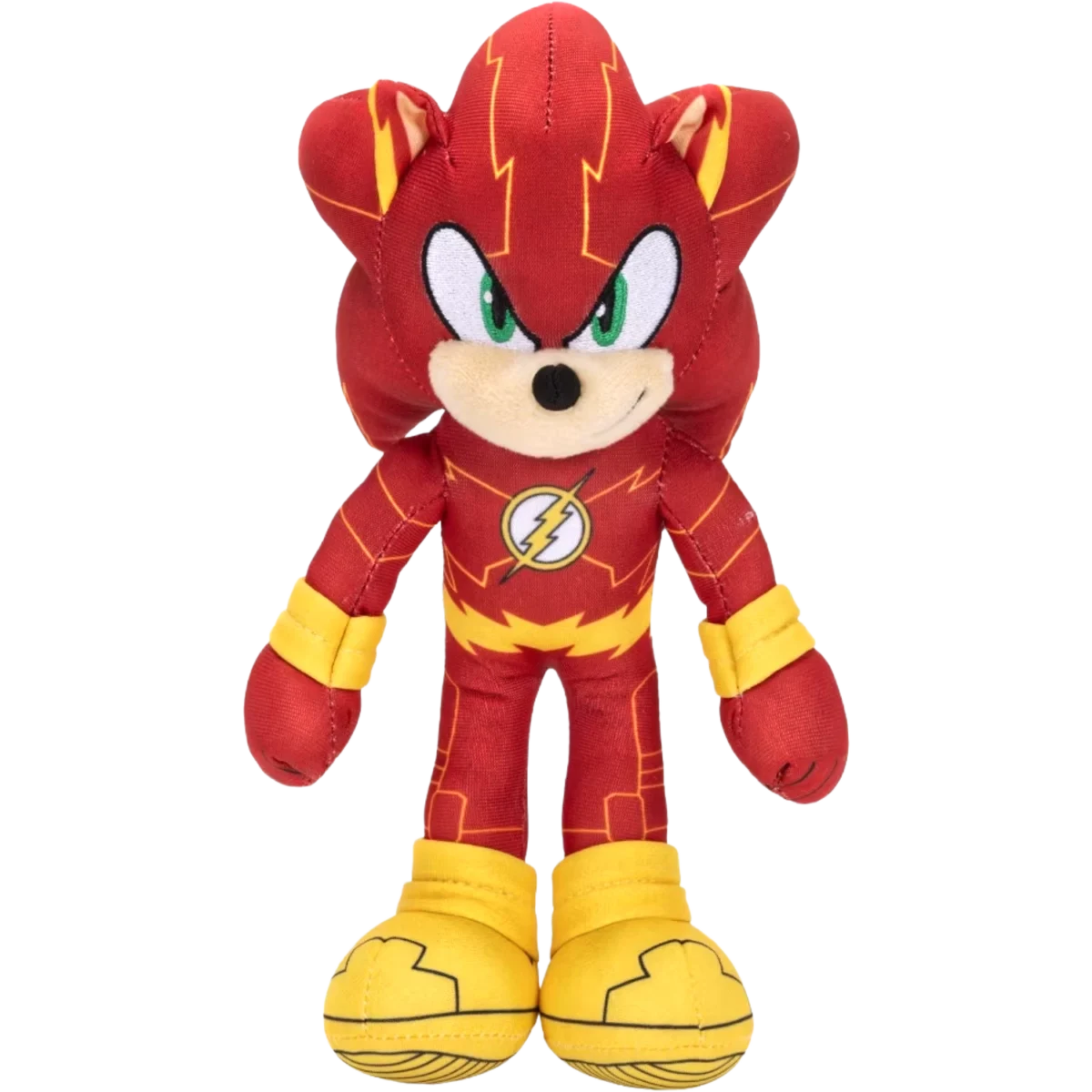 Soft plush toy of a red superhero with yellow boots and a lightning bolt emblem on the chest.