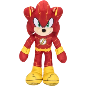 Soft plush toy of a red superhero with yellow boots and a lightning bolt emblem on the chest.