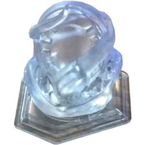 Crystal glass bust sculpture of a head and shoulders with a scarf, mounted on a square wooden base/stand.