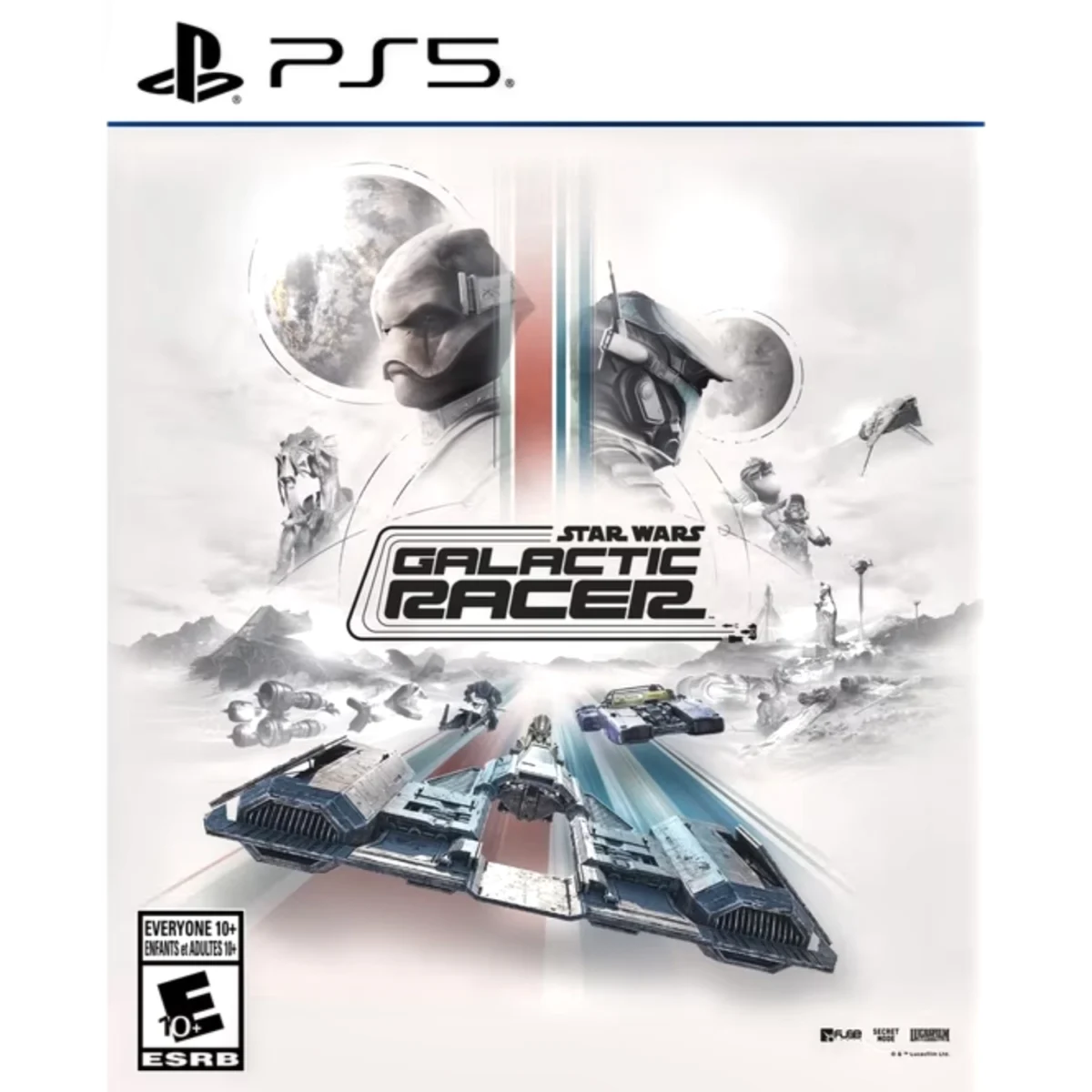 PS5 cover art for Star Wars: Galactic Racer with two armored racers in the foreground and racing ships below on a white backdrop.