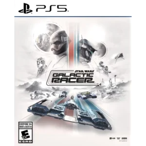 PS5 cover art for Star Wars: Galactic Racer with two armored racers in the foreground and racing ships below on a white backdrop.