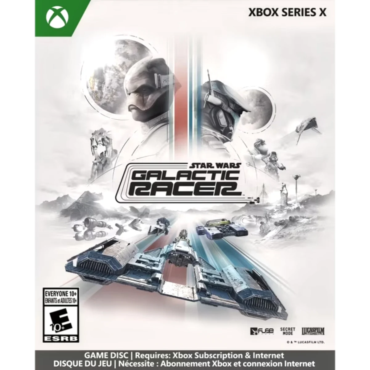 Xbox Series X game poster for Star Wars Galactic Racer with two armored pilots and racing ships beneath a stylized logo.