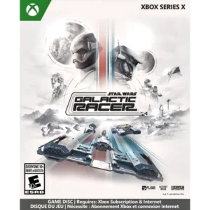Xbox Series X game poster for Star Wars Galactic Racer with two armored pilots and racing ships beneath a stylized logo.