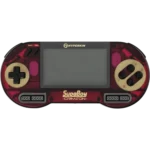 Portable retro gaming console with a screen, beige D-pad and buttons inside a red shell labeled SupaBoy Crimson