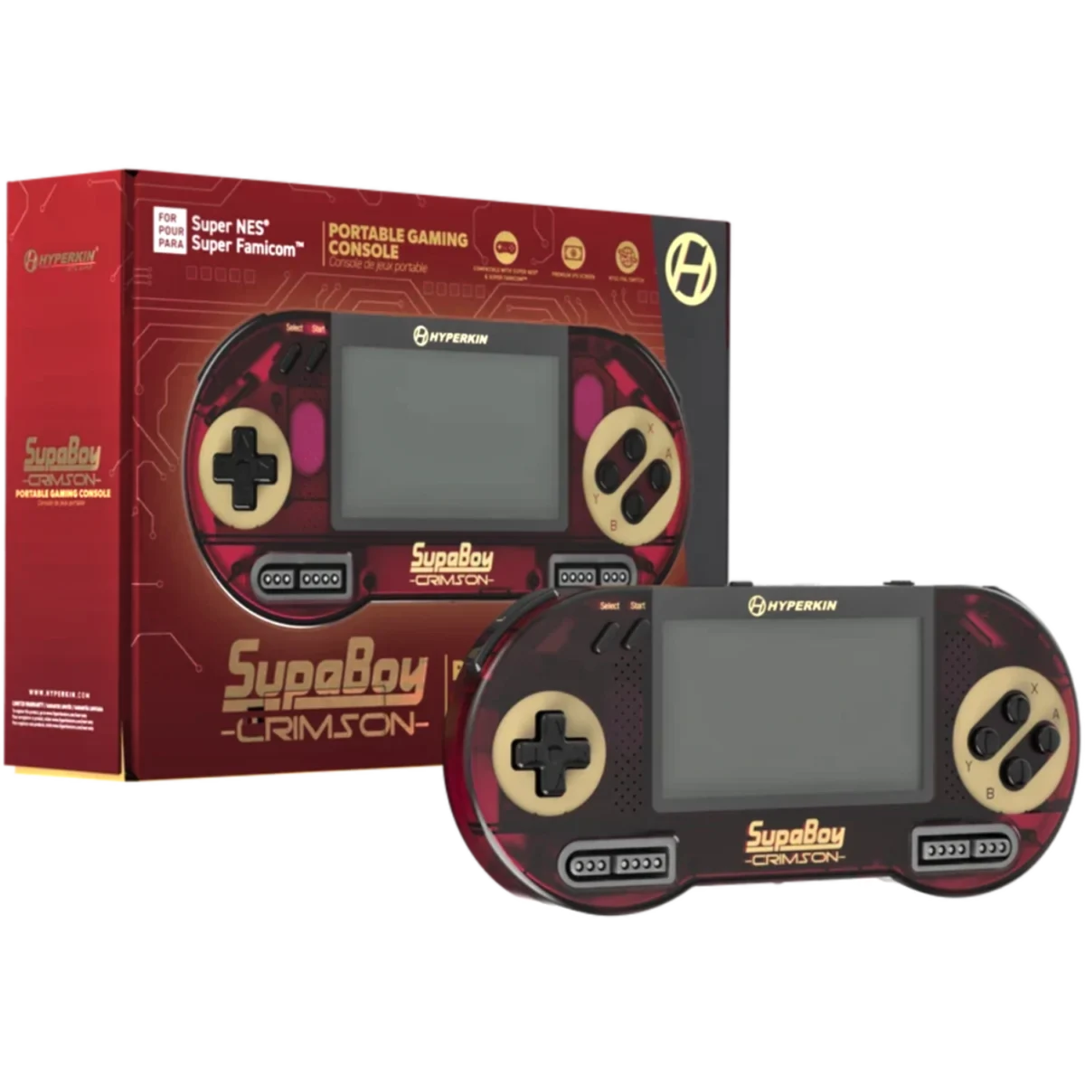 Portable gaming console in red packaging: Hyperkin Super Boy Crimson with screen, D-pad, buttons, and cartridge slots visible.