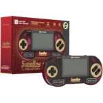 Portable gaming console in red packaging: Hyperkin Super Boy Crimson with screen, D-pad, buttons, and cartridge slots visible.