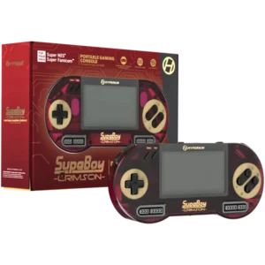 SUPABOY-CRIMSON-STOCK-810007716589 - Video Game Depot Portable gaming console in red packaging: Hyperkin Super Boy Crimson with screen, D-pad, buttons, and cartridge slots visible.