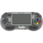 SUPABOY-PRIME-004-810007716572 - Video Game Depot Front view of a gray Hyperkin SupaBoy Prime handheld gaming console, showing a central screen, left D-pad, right colored A, B, X, Y buttons, and branding.