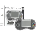 SUPABOY-PRIME-STOCK-810007716572 - Video Game Depot SupaBoy Prime portable gaming console with screen, D-major pad, and colored buttons in front of its box.