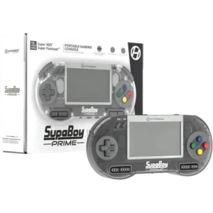 SupaBoy Prime portable gaming console with screen, D-major pad, and colored buttons in front of its box.