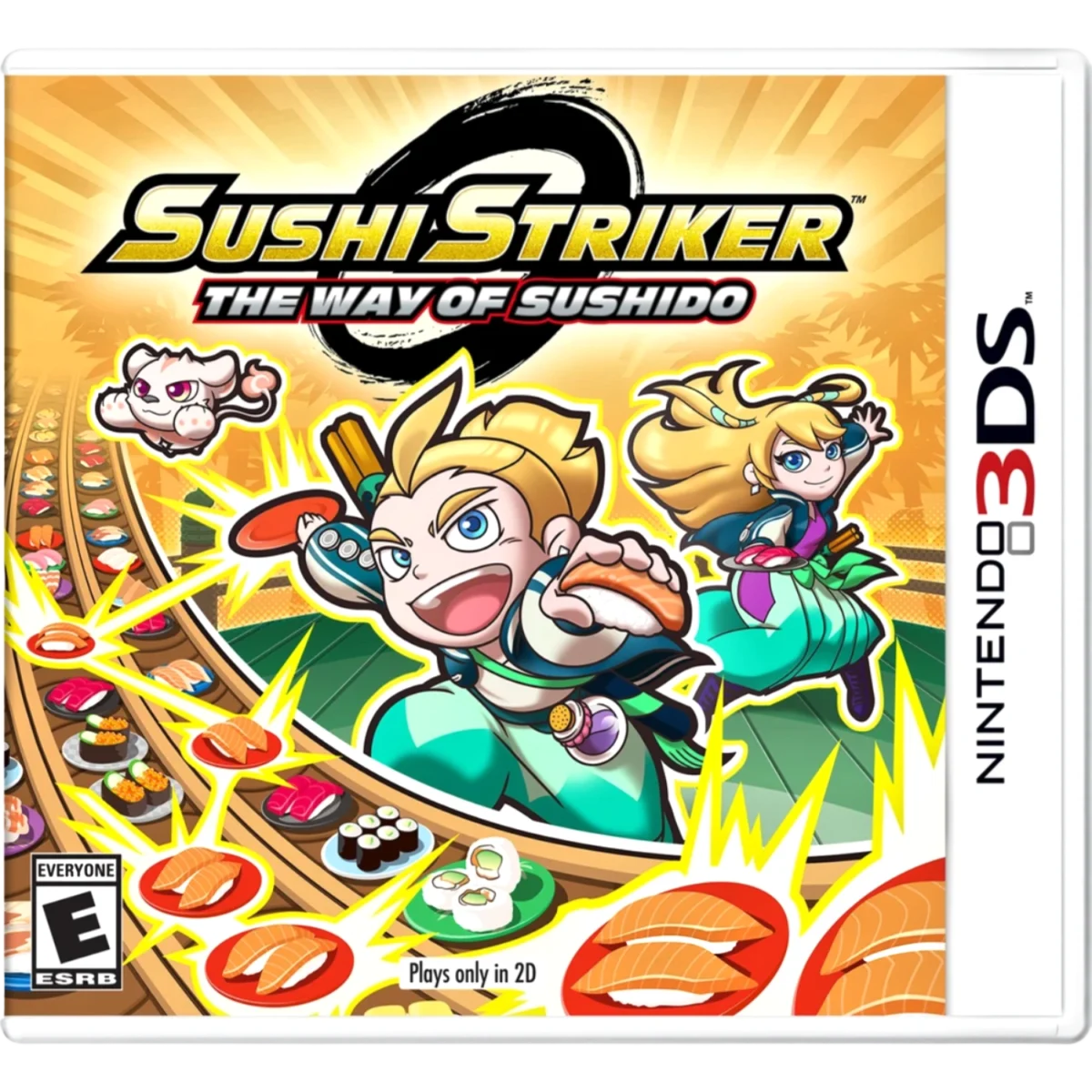 Box cover for Sushi Striker: The Way of Sushi, with two animated protagonists charging toward a sushi conveyor of plates on a bright orange background.