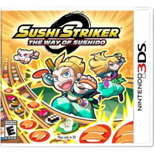 Box cover for Sushi Striker: The Way of Sushi, with two animated protagonists charging toward a sushi conveyor of plates on a bright orange background.