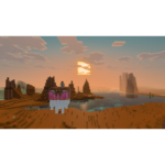 Minecraft desert scene at sunset with a large pink-frosted cake block and a character standing on top.