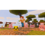 Minecraft-style scene: a person in an orange shirt feeds a group of farm animals (pigs, cows, chickens) in a sunny outdoor pen.