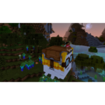 Minecraft scene: a player sits on a large chest-like vehicle as zombies approach in a forested valley at sunset.