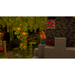 Minecraft character in orange shirt and teal pants standing on gray stone steps beside a wall of redstone ore in a jungle ruin