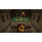 Minecraft scene: a player stands on an active End Portal ring surrounded by portal frame blocks in a mossy stone chamber at dusk.