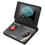 SpectrumImage1 - Video Game Depot Portable retro handheld console displaying a ZX Spectrum game on its screen, with a red D-pad and color-coded buttons labeled RED, YELLOW, GREEN, CYAN, and a rainbow stripe on the bottom edge.