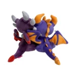 Purple and orange dragon plush toy with wings, horns, and red accents, lying on its side.