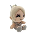 Cute plush toy character with blond hair, sitting and smiling in a gray outfit.