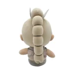 Back view of a beige plush toy with a segmented, braided tail and small horn-like ears, wearing a gray-brown outfit.