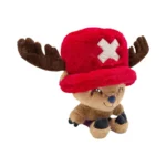 Soft plush moose toy wearing a bright red hat with a white cross and brown antlers, smiling