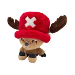 Brown plush reindeer with a blue nose, wearing a large red fuzzy hat with a white X patch on the front.