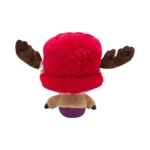 Back view of a plush moose wearing a bright red oversized hat with brown antlers and a purple base beneath the beige body .