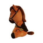 T34253_3 - Video Game Depot Orange plush horse toy wearing a black bridle and brown mane, sitting sideways on a white background.