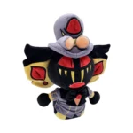 Plush toy of a pumpkin-headed villain with a purple-gray hood and cape, black body, and bat-like yellow wings.