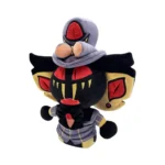 Purple-dressed plush bat wearing a gray top hat with red emblem and a black and yellow cape, cute and spooky cosplay toy.