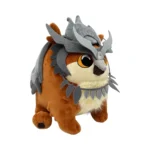 T57351_2 - Video Game Depot Soft brown plush animal toy with orange fur, large yellow eyes, wearing a gray feathered headpiece and necklace.