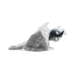 T59218_2 - Video Game Depot Gray plush dragon toy with shaggy fur and white decorative wings lying on its side, looking downwards.