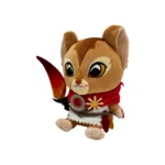 Plush toy of a brown cartoon mouse wearing a red cape and belt, holding a flame-shaped prop on its left side.