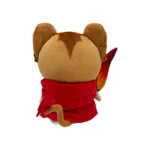 Back view of a plush mouse-like stuffed toy wearing a bright red cape, brown ears and tail visible from behind