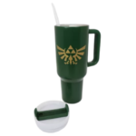 Green insulated travel mug with a straw and a gold emblem on the side; lid and slider placed nearby.