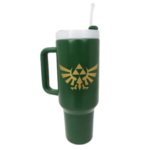 Green reusable travel mug with white lid and straw, featuring a gold Hylian crest emblem.